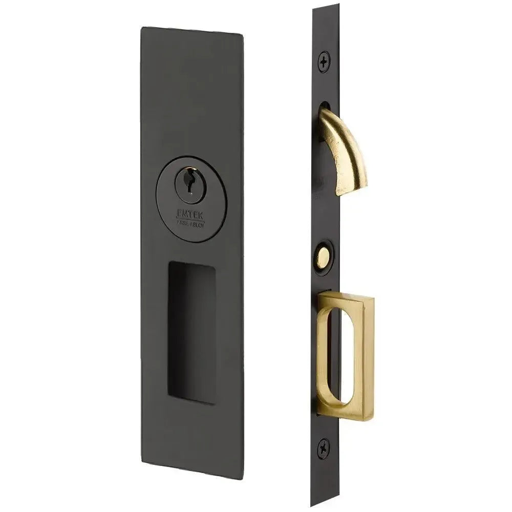 Emtek Keyed Narrow Modern Rectangular Pocket Door Mortise Lock in Flat Black finish
