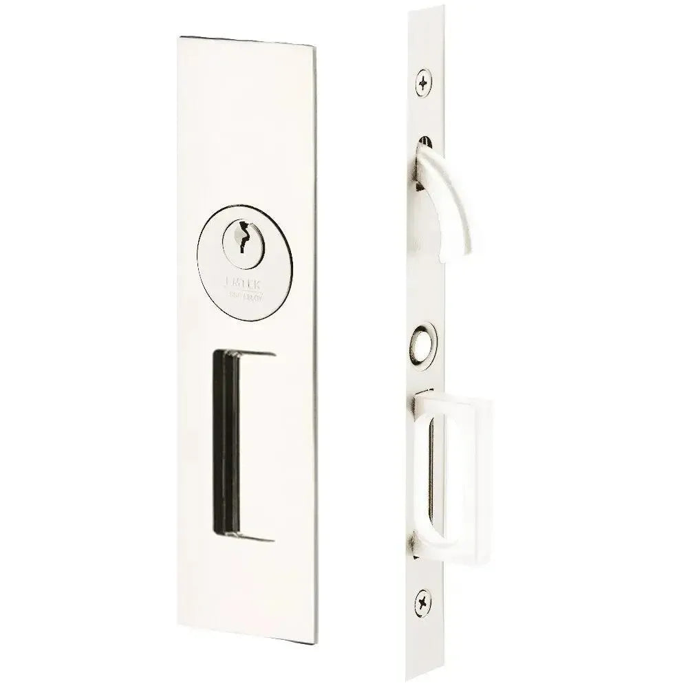 Emtek Keyed Narrow Modern Rectangular Pocket Door Mortise Lock in Lifetime Polished Nickel finish