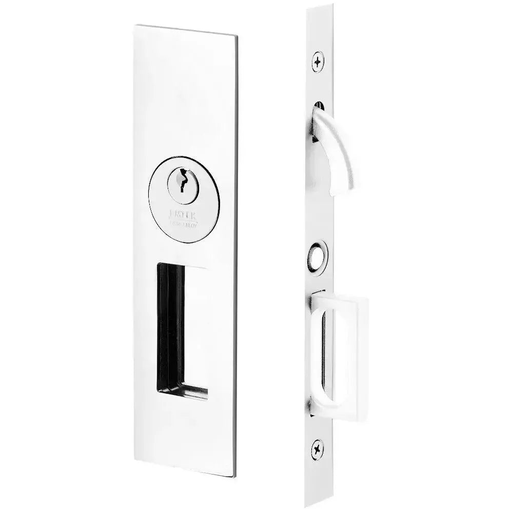 Emtek Keyed Narrow Modern Rectangular Pocket Door Mortise Lock in Polished Chrome finish