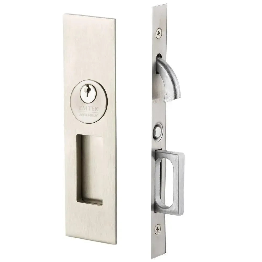 Emtek Keyed Narrow Modern Rectangular Pocket Door Mortise Lock in Satin Nickel finish