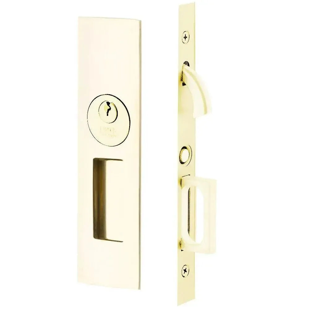 Emtek Keyed Narrow Modern Rectangular Pocket Door Mortise Lock in Unlacquered Brass finish