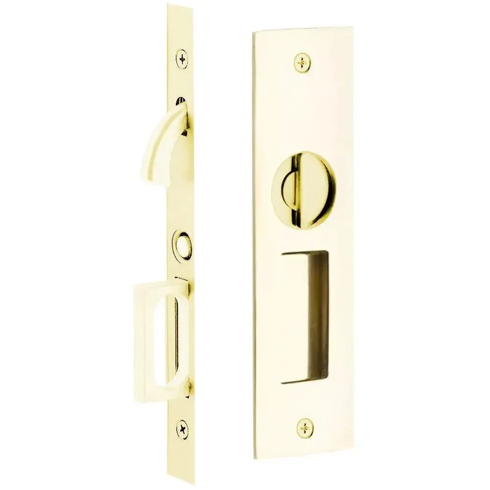 Emtek Privacy Narrow Modern Rectangular Pocket Door Mortise Lock in Unlacquered Brass finish