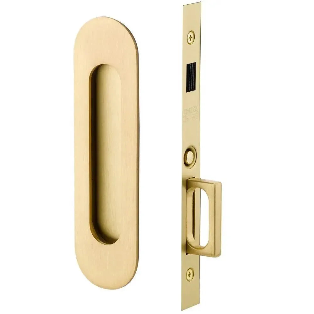 Emtek Dummy Narrow Oval Pocket Door Mortise Lock in Satin Brass finish