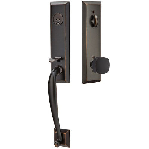 Emtek Adams Tubular Entrance Handleset With Freestone Square Knob in Oil Rubbed Bronze finish