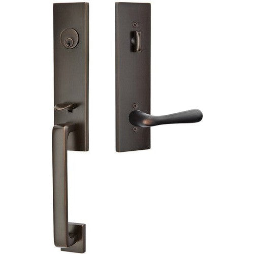 Emtek Davos Handleset with Interior Basel Lever in Oil Rubbed Bronze finish