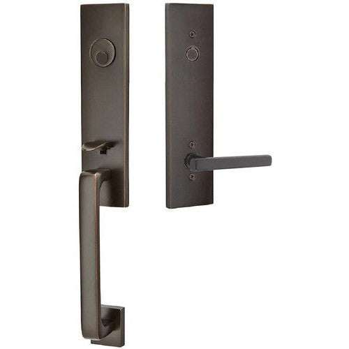 Emtek Davos Tubular Entrance Handleset With Freestone Lever in Oil Rubbed Bronze finish