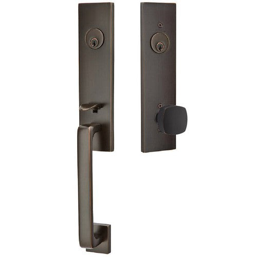 Emtek Davos Tubular Entrance Handleset With Freestone Square Knob in Oil Rubbed Bronze finish