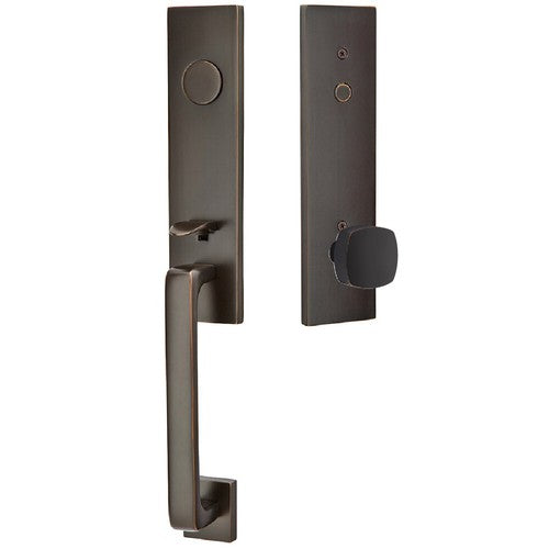 Emtek Davos Tubular Entrance Handleset With Freestone Square Knob in Oil Rubbed Bronze finish