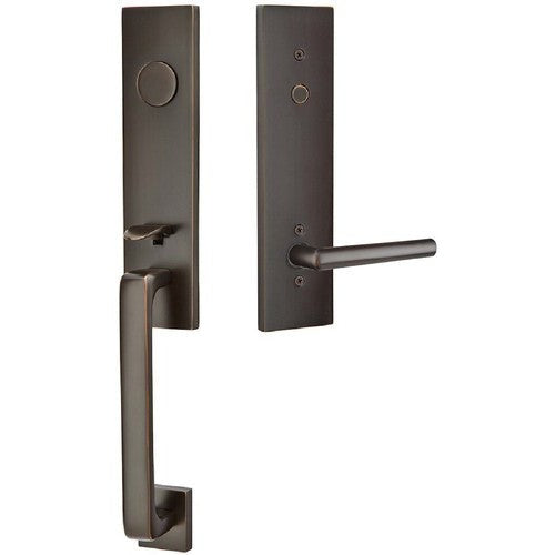 Emtek Davos Tubular Entrance Handleset With Stuttgart Lever in Oil Rubbed Bronze finish