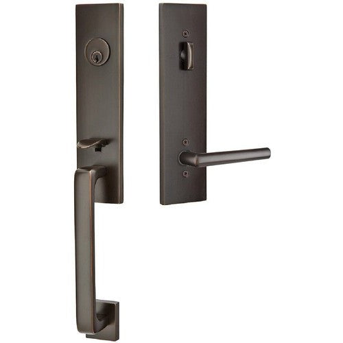 Emtek Davos Tubular Entrance Handleset With Stuttgart Lever in Oil Rubbed Bronze finish