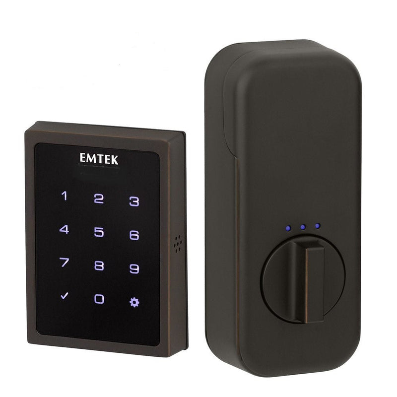 The Emtek Electronic EMPowered Motorized Touchscreen Keypad Deadbolt in Oil Rubbed Bronze finish