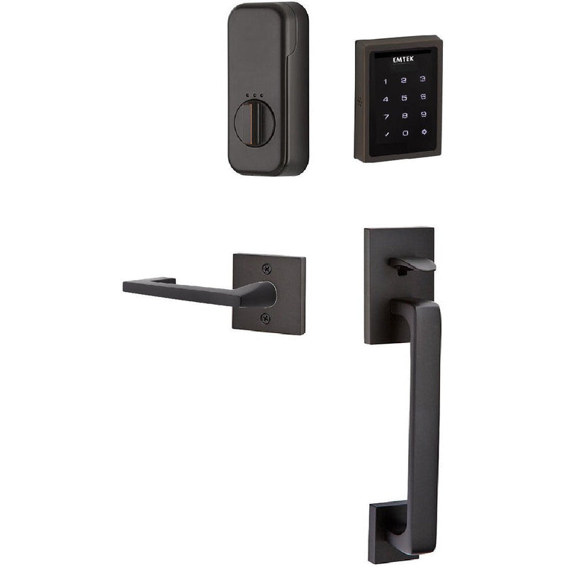 The Emtek Electronic EMPowered Motorized Touchscreen Keypad Entry Set With Baden Grip and Argos Lever in Oil Rubbed Bronze finish