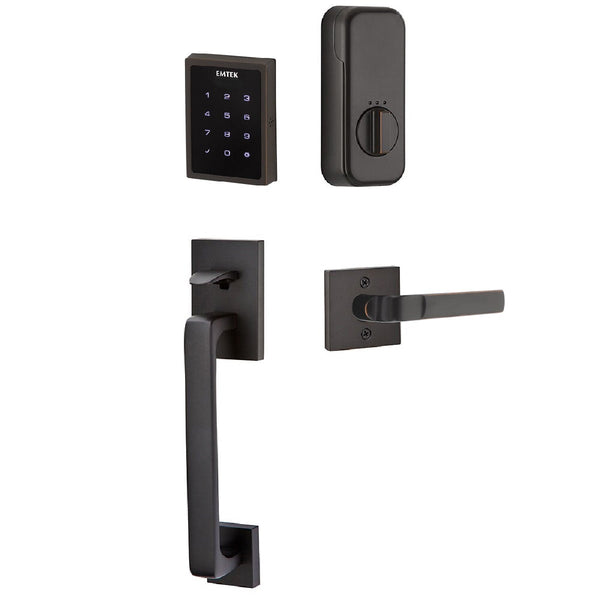 The Emtek Electronic EMPowered Motorized Touchscreen Keypad Entry Set With Baden Grip and Aston Lever in Oil Rubbed Bronze finish