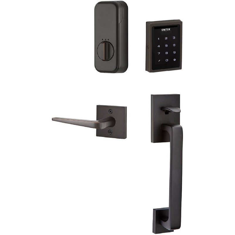 The Emtek Electronic EMPowered Motorized Touchscreen Keypad Entry Set With Baden Grip and Athena Lever in Oil Rubbed Bronze finish