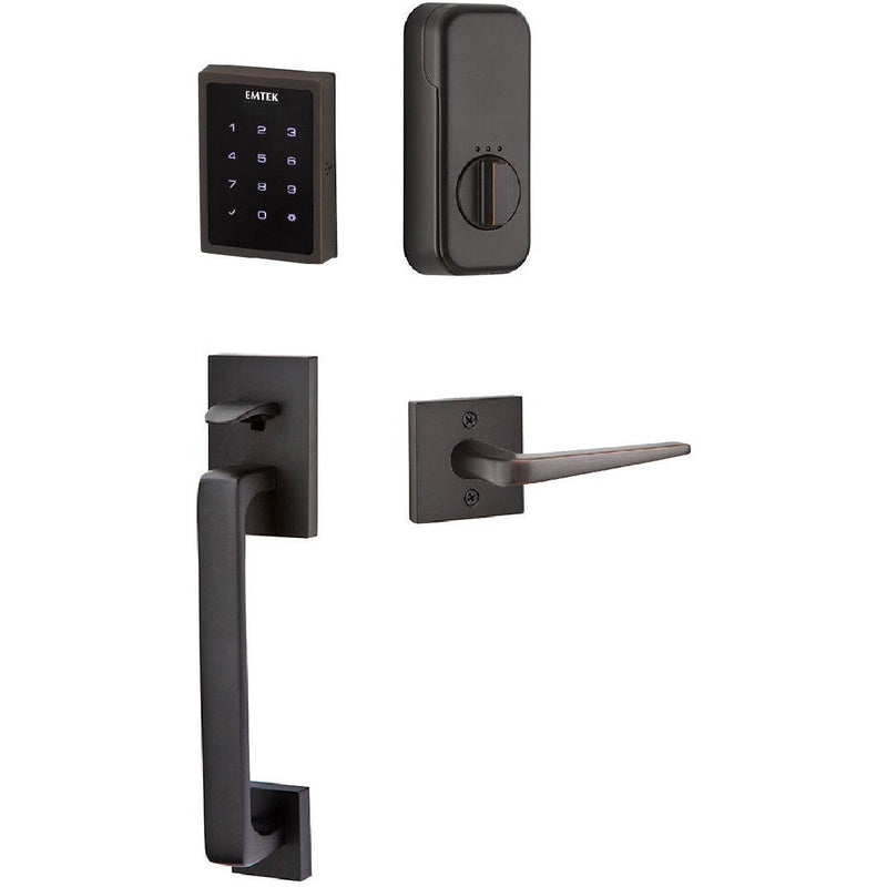 The Emtek Electronic EMPowered Motorized Touchscreen Keypad Entry Set With Baden Grip and Athena Lever in Oil Rubbed Bronze finish