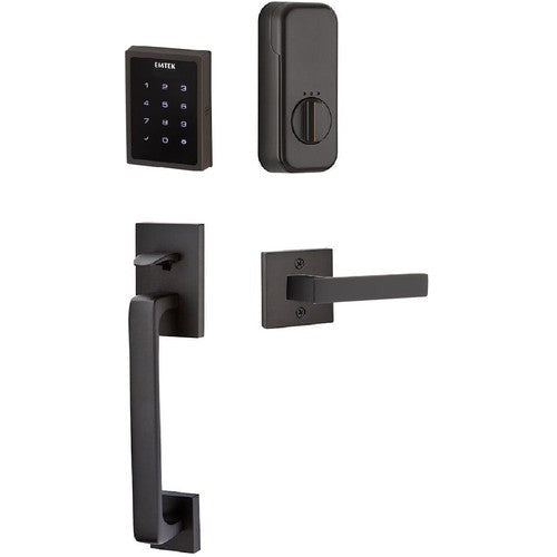 The Emtek Electronic EMPowered Motorized Touchscreen Keypad Entry Set With Baden Grip and Dumont Lever in Oil Rubbed Bronze finish