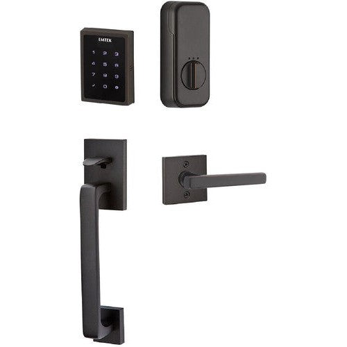 The Emtek Electronic EMPowered Motorized Touchscreen Keypad Entry Set With Baden Grip and Freestone Lever in Oil Rubbed Bronze finish