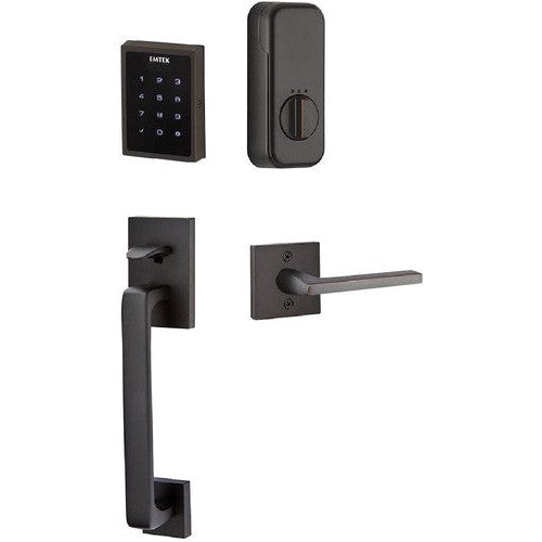 The Emtek Electronic EMPowered Motorized Touchscreen Keypad Entry Set With Baden Grip and Helios Lever in Oil Rubbed Bronze finish