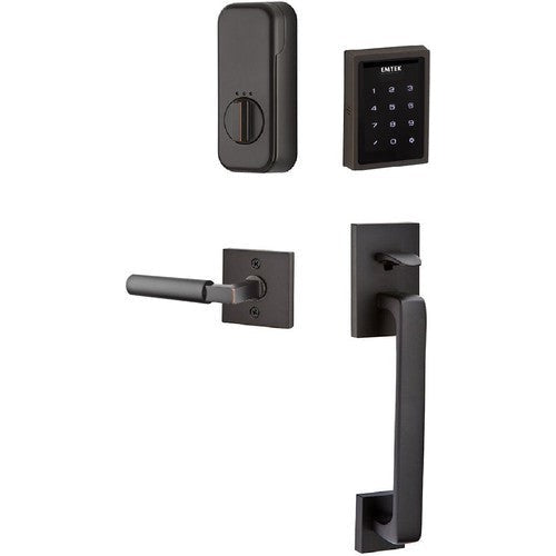 The Emtek Electronic EMPowered Motorized Touchscreen Keypad Entry Set With Baden Grip and Hercules Lever in Oil Rubbed Bronze finish