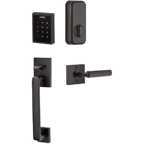 The Emtek Electronic EMPowered Motorized Touchscreen Keypad Entry Set With Baden Grip and R-Bar Faceted Lever in Oil Rubbed Bronze finish