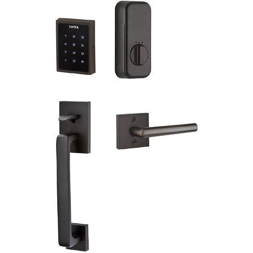 The Emtek Electronic EMPowered Motorized Touchscreen Keypad Entry Set With Baden Grip and Stuttgart Lever in Oil Rubbed Bronze finish