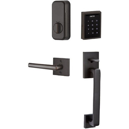 The Emtek Electronic EMPowered Motorized Touchscreen Keypad Entry Set With Baden Grip and Stuttgart Lever in Oil Rubbed Bronze finish