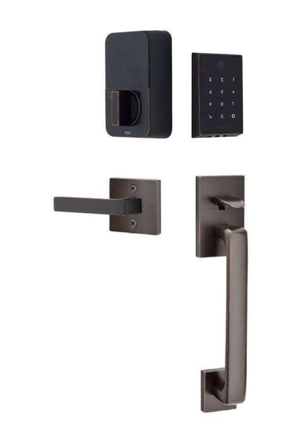 The Emtek EMPowered 2 Touch Entry Set with Baden Grip and Interior Dumont Lever in Oil Rubbed Bronze finish.