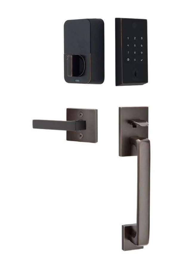 The Emtek EMPowered 2 Touch Entry Set with Baden Grip and Interior Dumont Lever in Oil Rubbed Bronze finish.