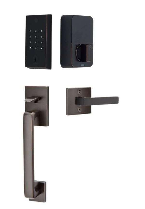 The Emtek EMPowered 2 Touch Entry Set with Baden Grip and Interior Dumont Lever in Oil Rubbed Bronze finish.