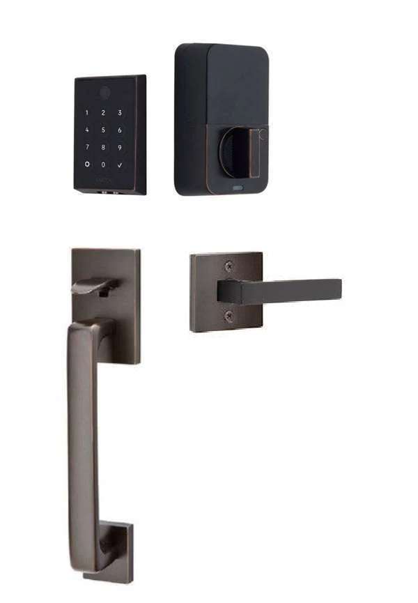 The Emtek EMPowered 2 Touch Entry Set with Baden Grip and Interior Dumont Lever in Oil Rubbed Bronze finish.