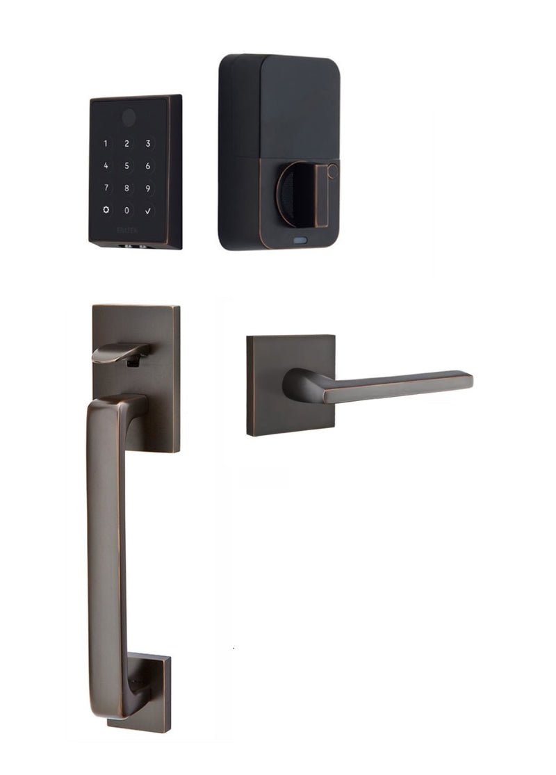 The Emtek EMPowered 2 Touch Entry Set with Baden Grip and Interior Helios Lever in Oil Rubbed Bronze finish.