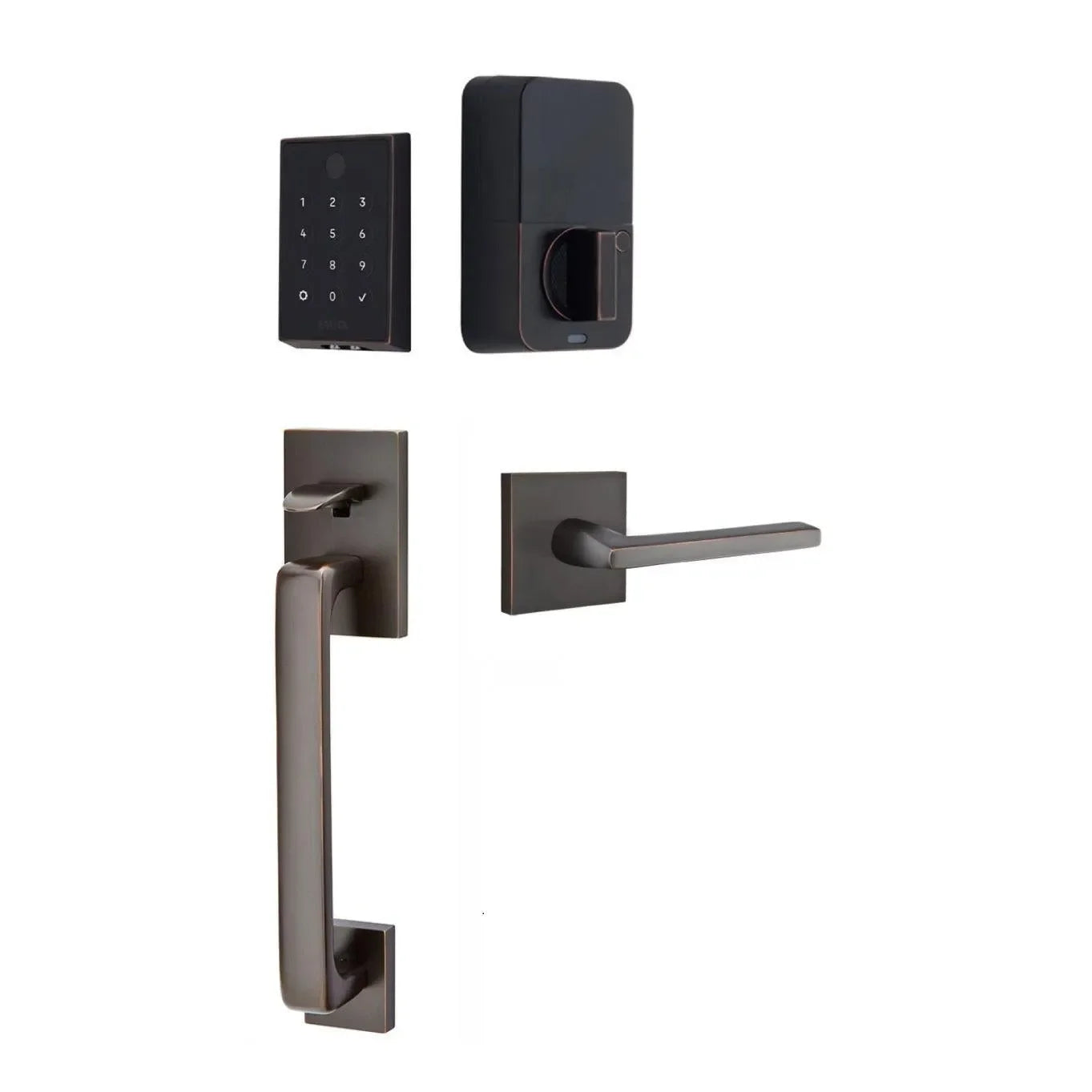 The Emtek EMPowered 2 Touch Entry Set with Baden Grip and Interior Helios Lever in Oil Rubbed Bronze finish.