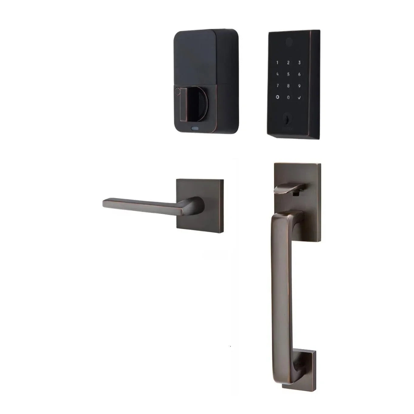 The Emtek EMPowered 2 Touch Entry Set with Baden Grip and Interior Helios Lever in Oil Rubbed Bronze finish.