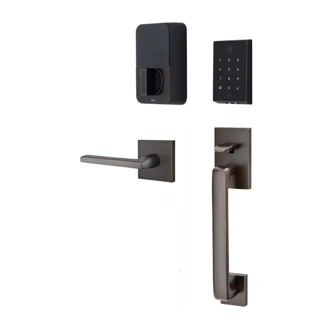 The Emtek EMPowered 2 Touch Entry Set with Baden Grip and Interior Helios Lever in Oil Rubbed Bronze finish.