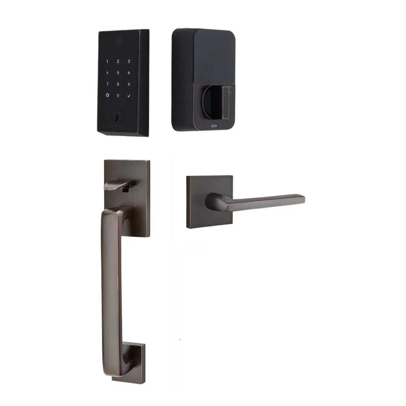 The Emtek EMPowered 2 Touch Entry Set with Baden Grip and Interior Helios Lever in Oil Rubbed Bronze finish.