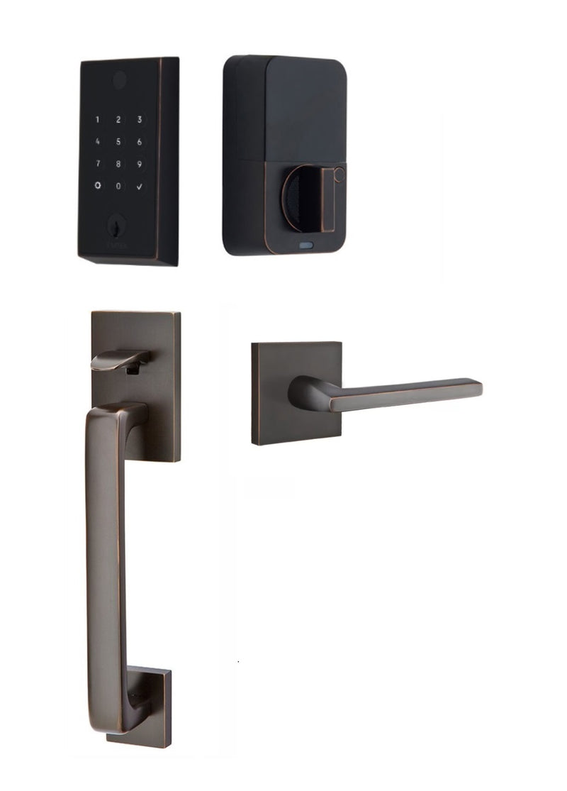 The Emtek EMPowered 2 Touch Entry Set with Baden Grip and Interior Helios Lever in Oil Rubbed Bronze finish.