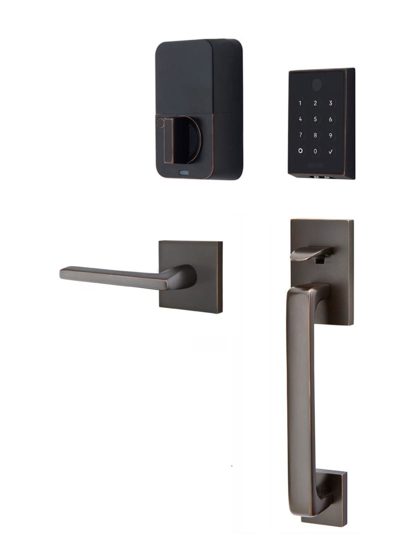 The Emtek EMPowered 2 Touch Entry Set with Baden Grip and Interior Helios Lever in Oil Rubbed Bronze finish.