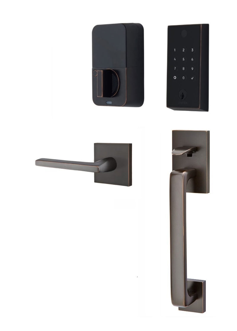 The Emtek EMPowered 2 Touch Entry Set with Baden Grip and Interior Helios Lever in Oil Rubbed Bronze finish.