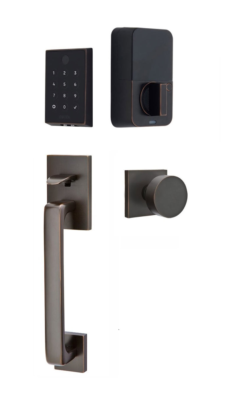 The Emtek EMPowered 2 Touch Entry Set with Baden Grip and Interior Round Knob in Oil Rubbed Bronze finish.