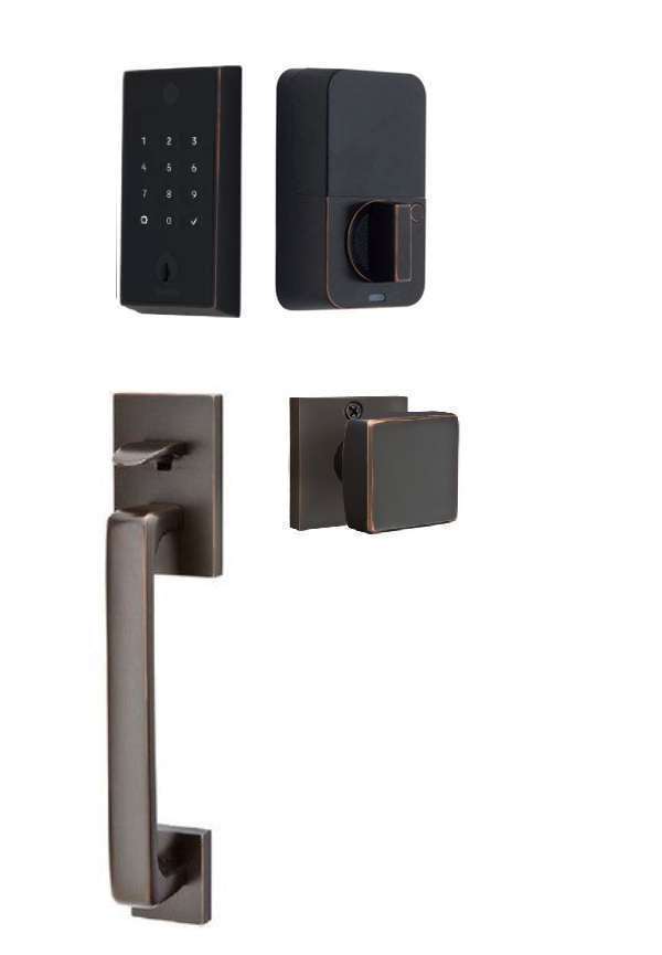 The Emtek EMPowered 2 Touch Entry Set with Baden Grip and Interior Square Knob in Oil Rubbed Bronze finish.