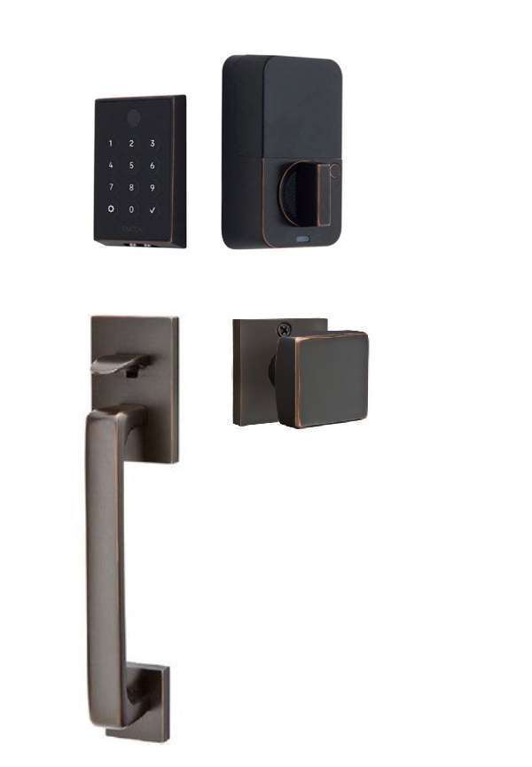 The Emtek EMPowered 2 Touch Entry Set with Baden Grip and Interior Square Knob in Oil Rubbed Bronze finish.