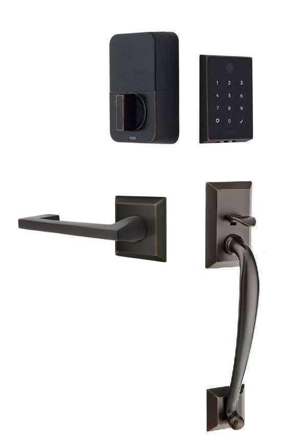 The Emtek EMPowered 2 Touch Entry Set with Franklin Grip and Interior Argos Lever in Oil Rubbed Bronze finish.