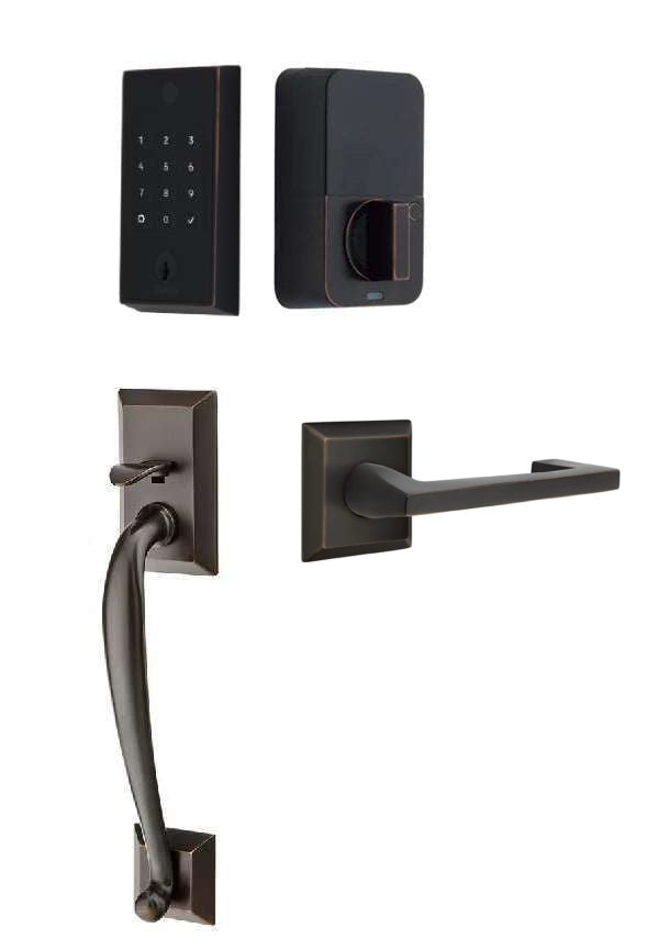 The Emtek EMPowered 2 Touch Entry Set with Franklin Grip and Interior Argos Lever in Oil Rubbed Bronze finish.