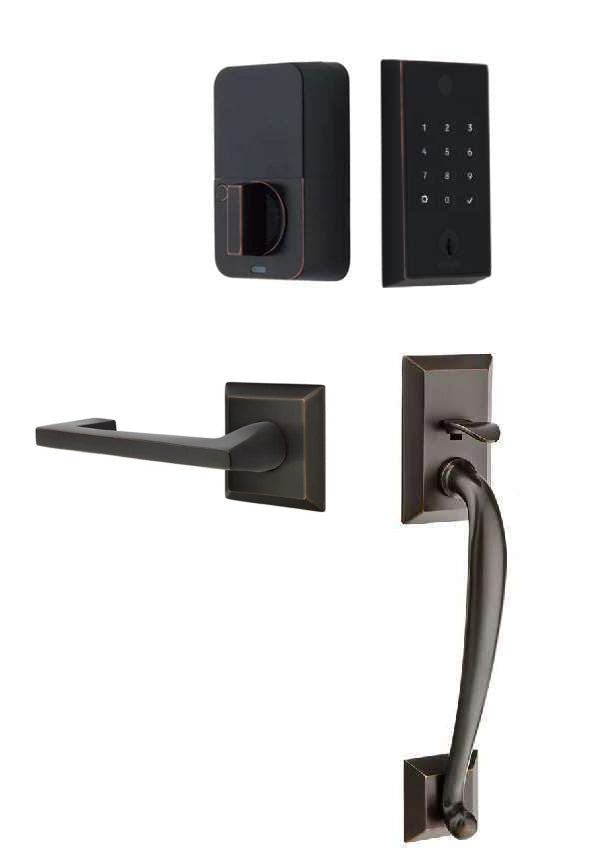 The Emtek EMPowered 2 Touch Entry Set with Franklin Grip and Interior Argos Lever in Oil Rubbed Bronze finish.