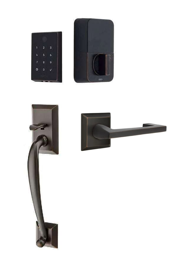 The Emtek EMPowered 2 Touch Entry Set with Franklin Grip and Interior Argos Lever in Oil Rubbed Bronze finish.