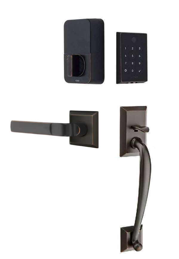 The Emtek EMPowered 2 Touch Entry Set with Franklin Grip and Interior Aston Lever in Oil Rubbed Bronze finish.