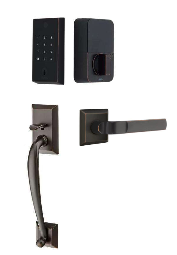 The Emtek EMPowered 2 Touch Entry Set with Franklin Grip and Interior Aston Lever in Oil Rubbed Bronze finish.