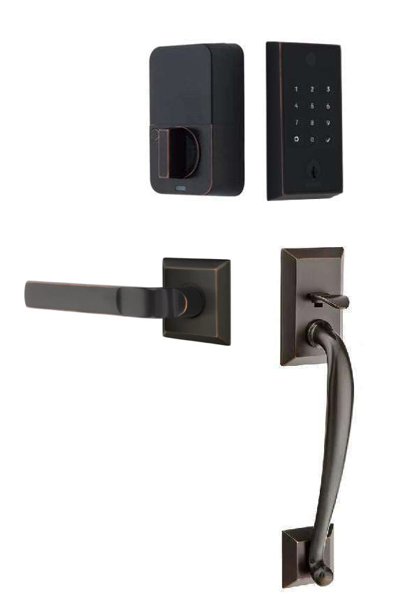 The Emtek EMPowered 2 Touch Entry Set with Franklin Grip and Interior Aston Lever in Oil Rubbed Bronze finish.