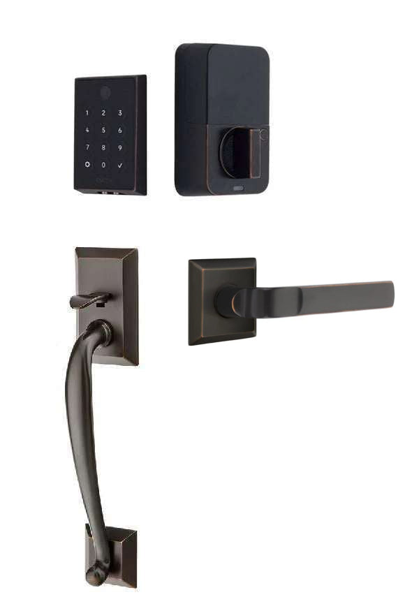 The Emtek EMPowered 2 Touch Entry Set with Franklin Grip and Interior Aston Lever in Oil Rubbed Bronze finish.
