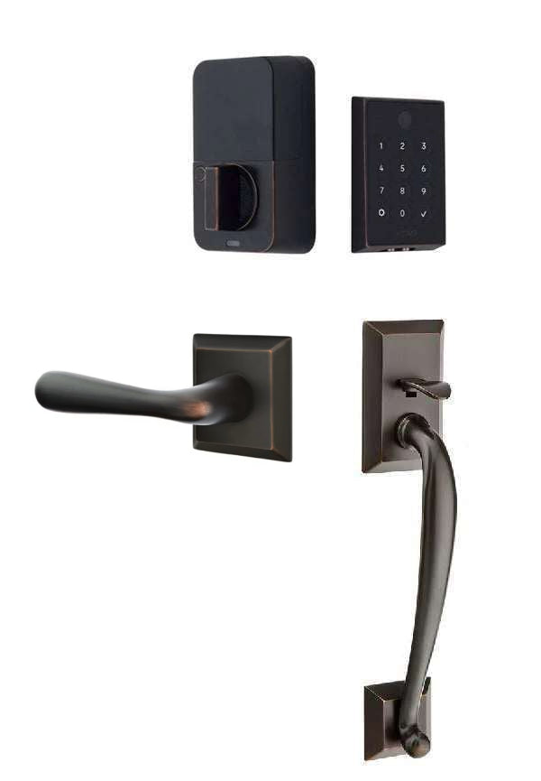 The Emtek EMPowered 2 Touch Entry Set with Franklin Grip and Interior Basel Lever in Oil Rubbed Bronze finish.